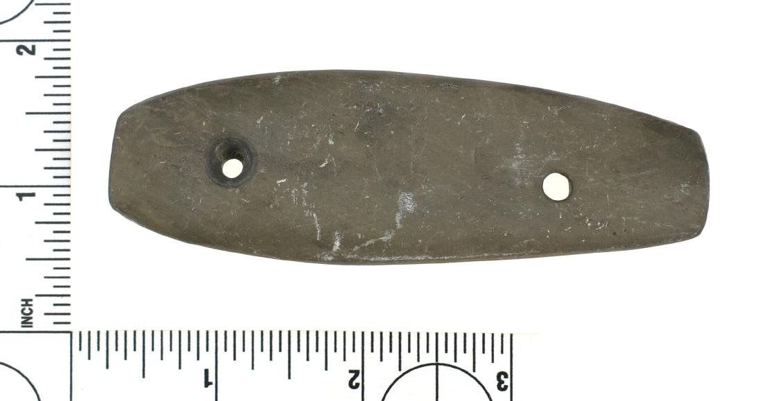 4" Adena Gorget: Nicely made slate example from Darke Co., Ohio. Ex Frank Adell Collection.