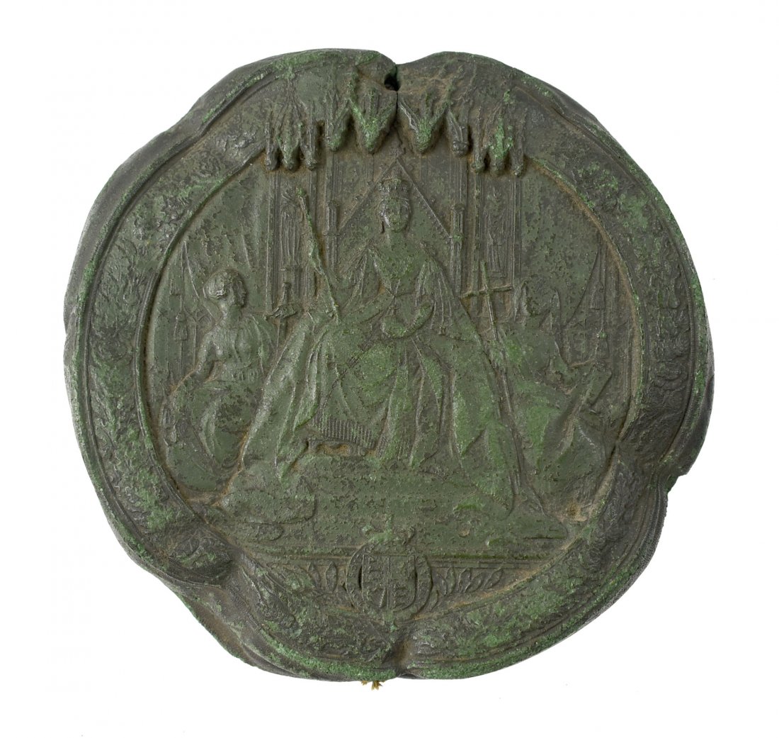 6.25" Great Seal of Queen Victoria: Massive Wax Seal of the Realm used to convey title to commoners in the British Empire. This example is extremely unique in that it features a Harp in place of the Trident on one side.