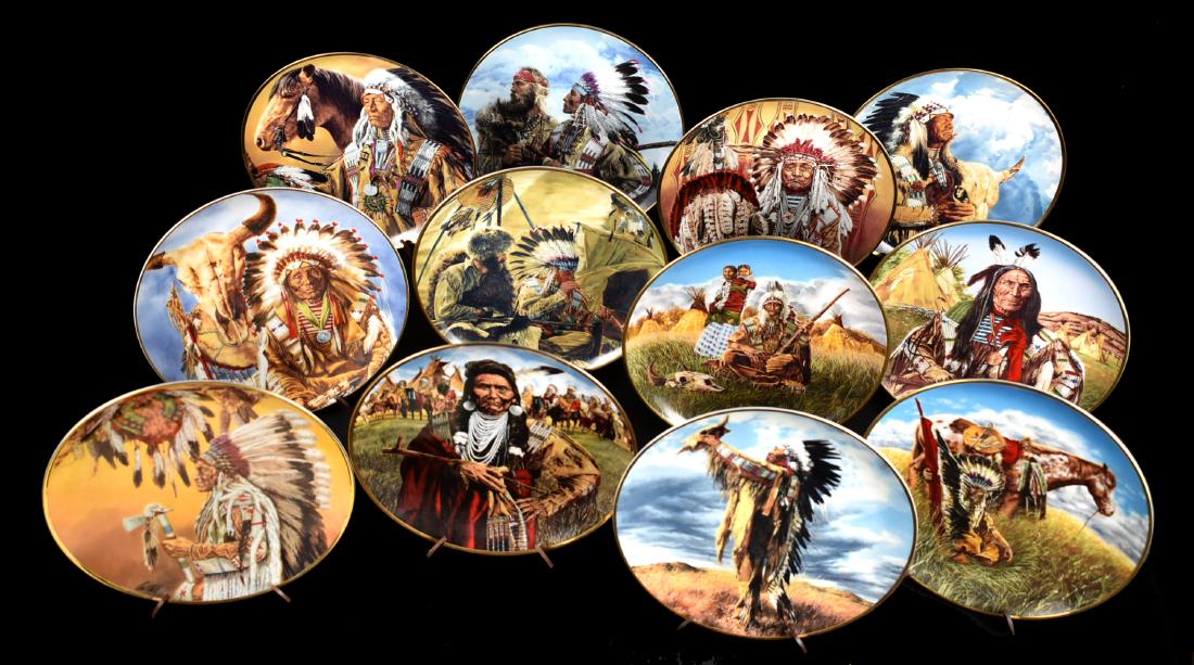 12 pc. American Indian Plate Set: Set of 12 collector plates with artwork by Paul Calle and issued by the Franklin Mint under authorization of the American Indian Heritage Foundation. Each includes a Certificate of Authenticity. One p
