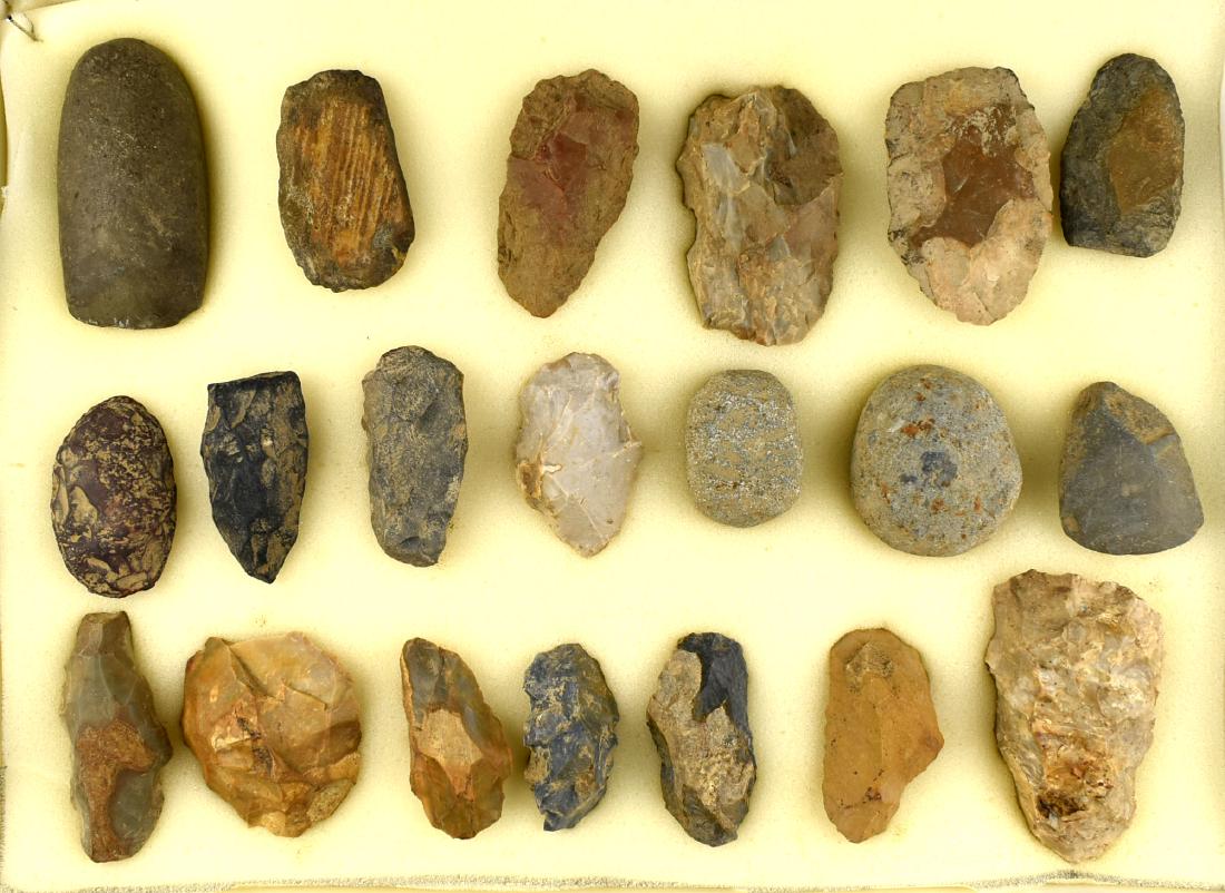 Large lot of Stone and Flint Tools: All found by Ken broughton in Carter Co., Kentucky. Celts, hammerstones, preforms, etc. Granite, diorite, flint, and hematite artifacts represented. Display not included.
