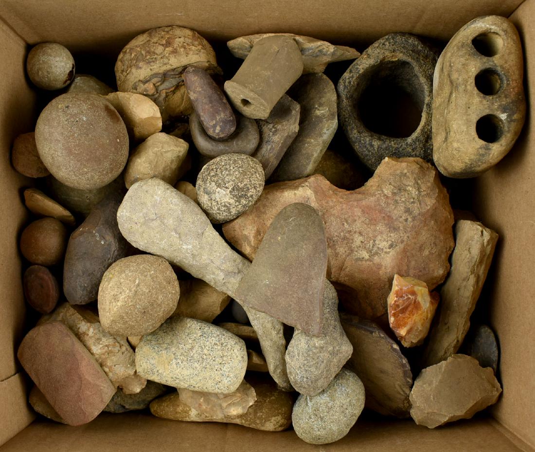 22lbs of Stone/Study Artifacts: All found by Ken Broughton in Carter Co., Kentucky. Various artifact types, some natural pieces, broken pipes, axes, hammerstones. Should fit in a flat rate priority box.
