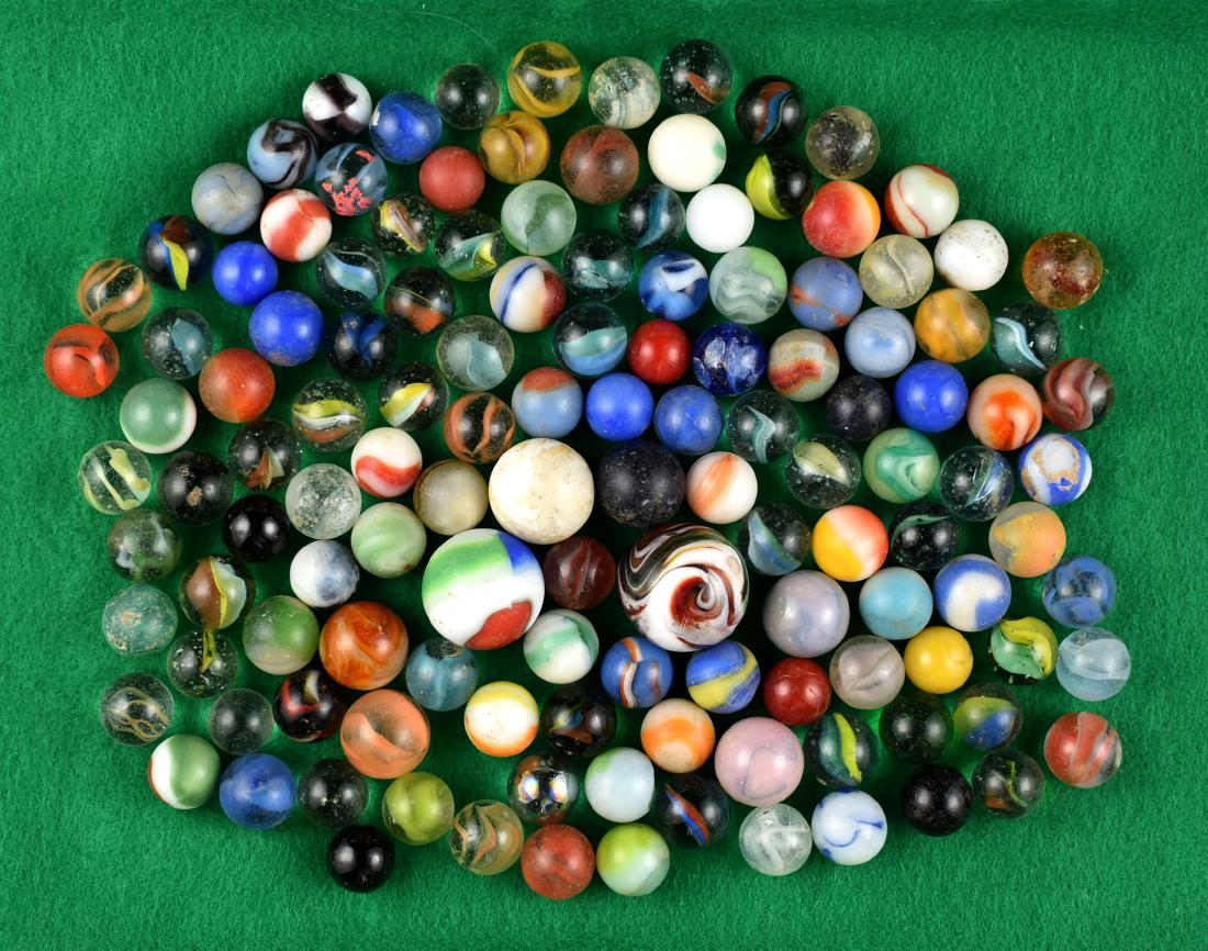 Large lot of Marbles: All found in Carter Co., Kentucky by Ken Broughton. Variety of styles, colors, - most in this lot appear to be glass. Weight: 1lb-9.5oz.