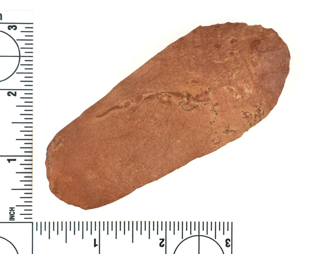 4 1/8" Flint Hoe: Smaller example with obvious bit polish from working earth. Nicely dulled/polished side edges. Found near Clifton, Tennessee. Ex Carlisle collection.
