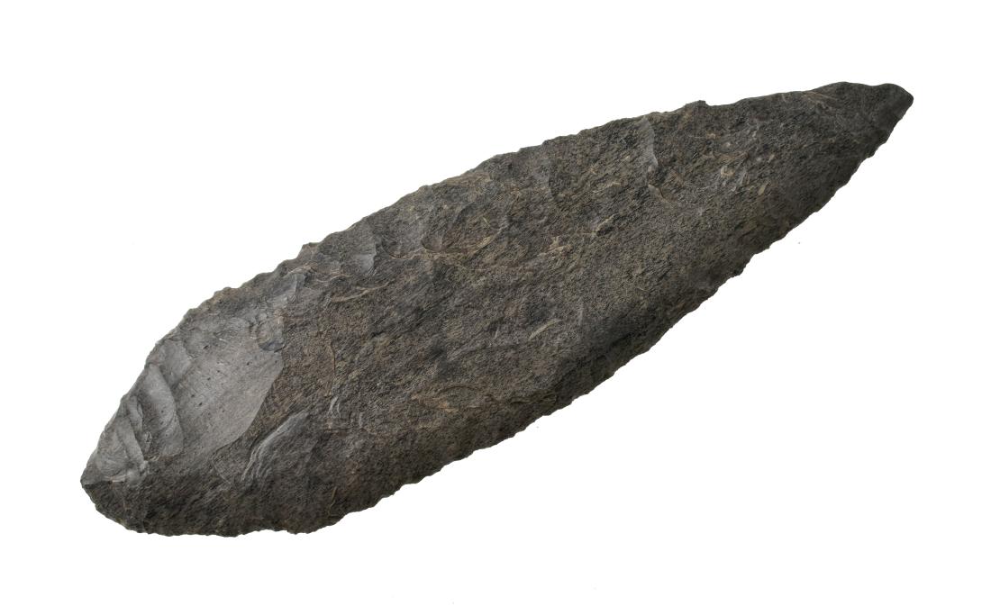 5" Gatecliff: Fantastic gray Obsidian example from Northern California formerly of the Cy Pierce Collection. Burined tip.