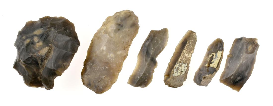 Danish Flint Toolkit: Assortment of bladelets and scrapers in Danish flint recovered from an imported chest of drawers from England at an estate sale. Excellent curiousity.