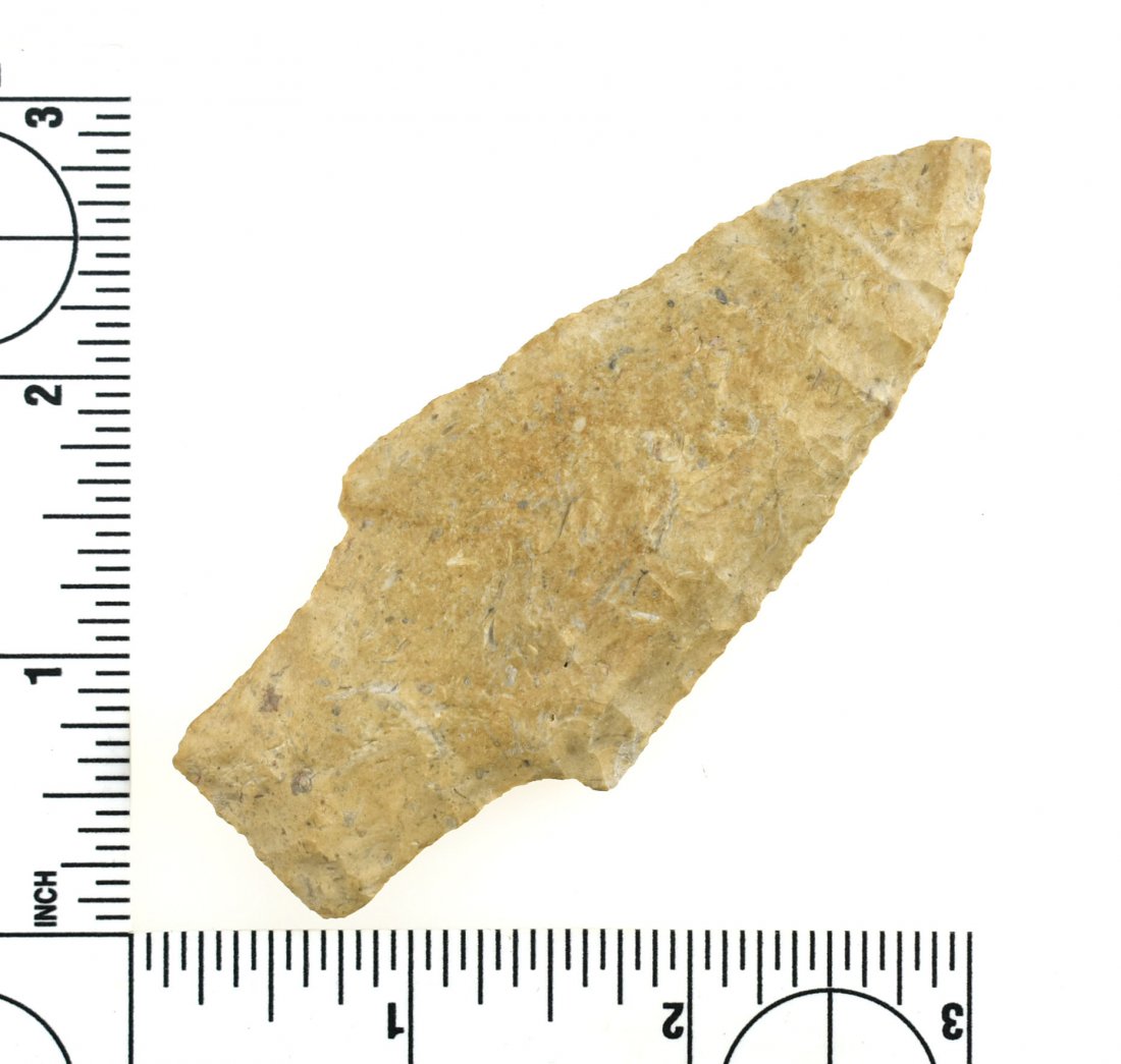 Killer 3 11/16" Alberta - Jackson G-9 COA: Classic Early Archaic stemmed knife. Great form and precise flaking. Made of well patinated glossy Kay County Chert. Nice lightly river polished surfaces. Jackson G-9 COA.