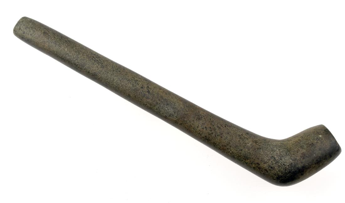 9 1/2" Mississippian Elbow Pipe: Exceptional pipe reported found on a ledge in a cave by Ray Carr, in Whitley Co., Kentucky, on 4/16/1970. Truly a unique example with great use wear and fine polish over its entirety. In exceptionally