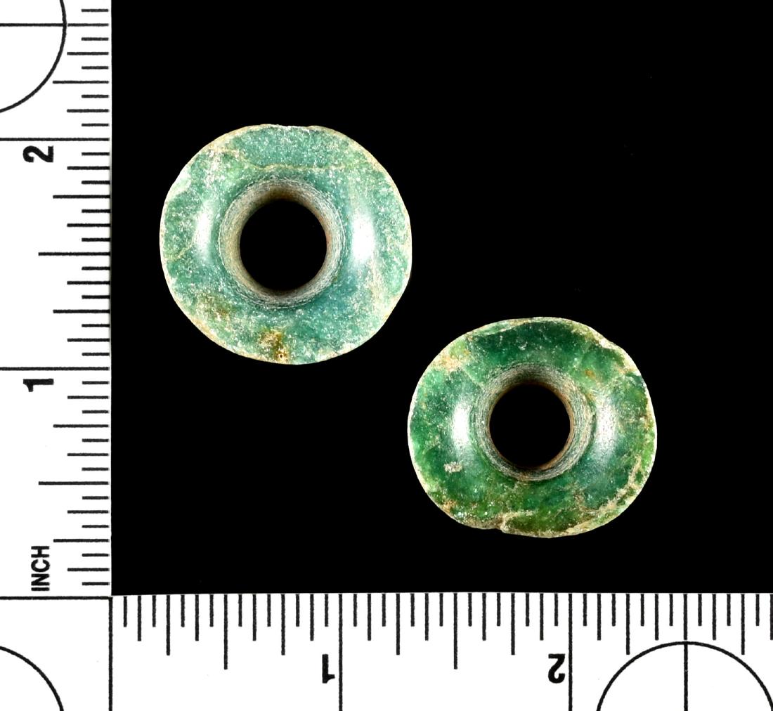 Pair of EXCELLENT Green Jade Mayan Ear Flares: Both Measure approx 1 1/16" diameter. Emerald Green jadeite from Central America. Estate Collection find. Cirac 1400 AD.