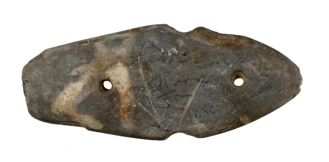 5 15/16" Notched Glacial Kame Coffin Gorget: Green Banded Slate example from the Dr. Paul Park and James McDonald Collections. Rare example with side notches.