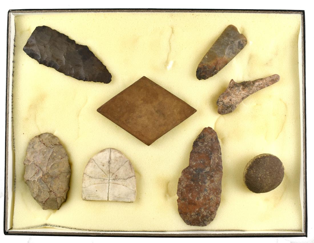 8 Nice TN Artifacts: Discoidal, Awl, Flint Celt, Blades and other pieces.