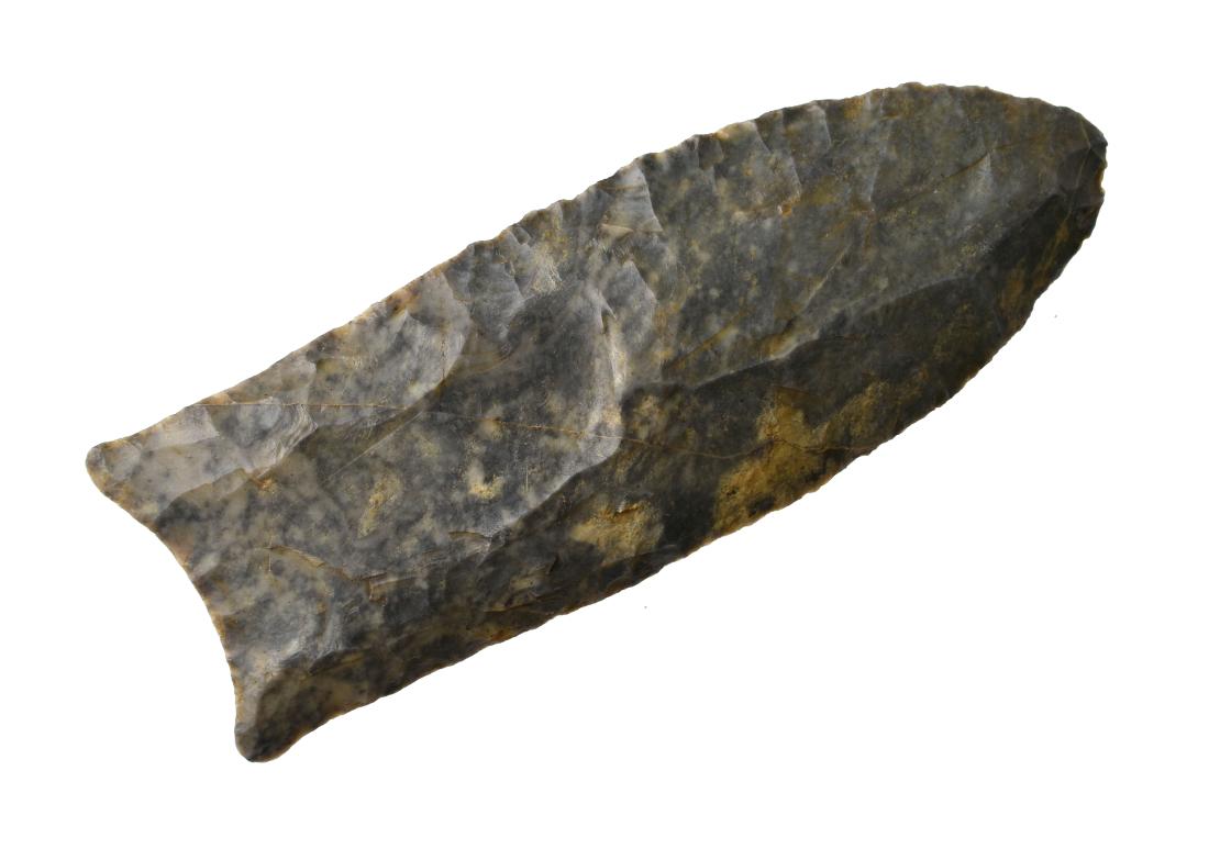 3 1/2" Clovis: Fantastic example from Ross Co., Ohio in a well-patinated Coshocton flint. Fluted right at 50% on both sides. Unique collector designation written on point in red paint - ADM with a line extending rig