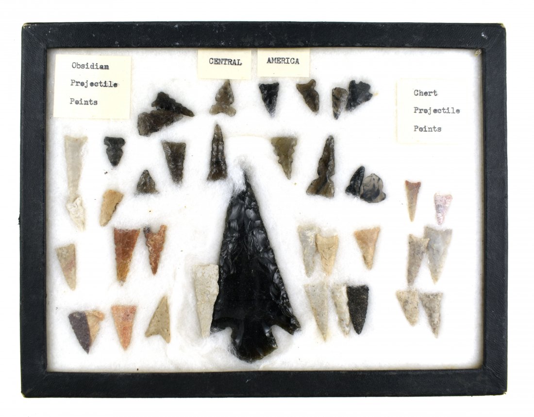 8.75x6.75" Display of Central American Arrowheads: Variety display of points in Obsidian and Chert from the Dr. Paul Park Collection. Includes frame.