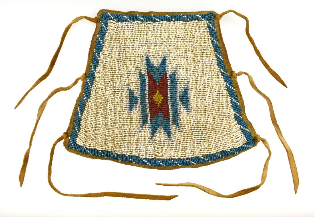 7.5x9.5" Beaded Tie-On Gauntlet: Made to tie on a wrist or over an existing pair of gloves. Exact age undetermined. Well made. From a Colorado Estate Collection.