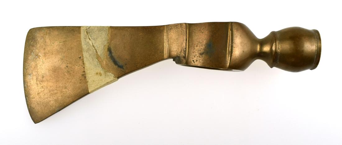 6-7/8" Brass Pipe-Axe Head: Post 1900 type made for trade/tourism. No evidence of hafting.