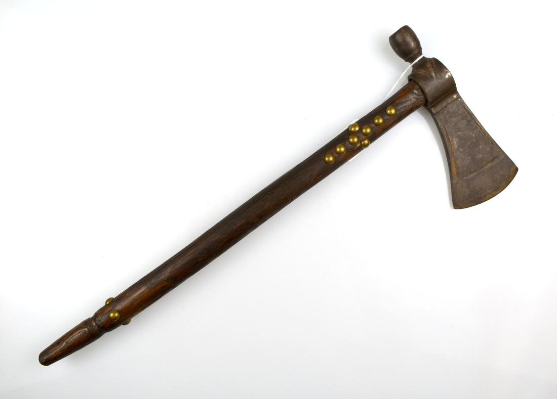 18-1/2" Decorative Pipe-Axe Tomahawk: Tourist Trade example with 7-1/4" Head. Antiqued. Likely post-1950 manufacture. *Decorative only*