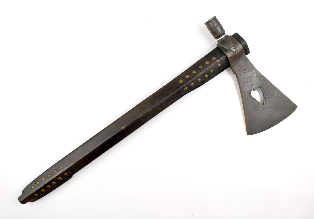 19-1/2" Decorative Pipe-Axe Tomahawk: Tourist trade example with a tacked handle. Heart cutout. Decorative only*