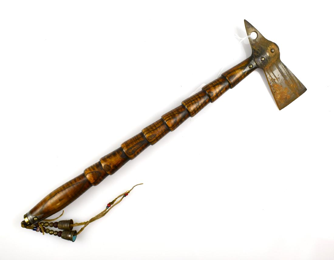 19" Decorative Pipe-Axe Tomahawk: Pretty example with an etched head. Domed Mexican Peso end, and beaded drop. Tourist Trade example. Post-1950 manufacture. Decorative only.
