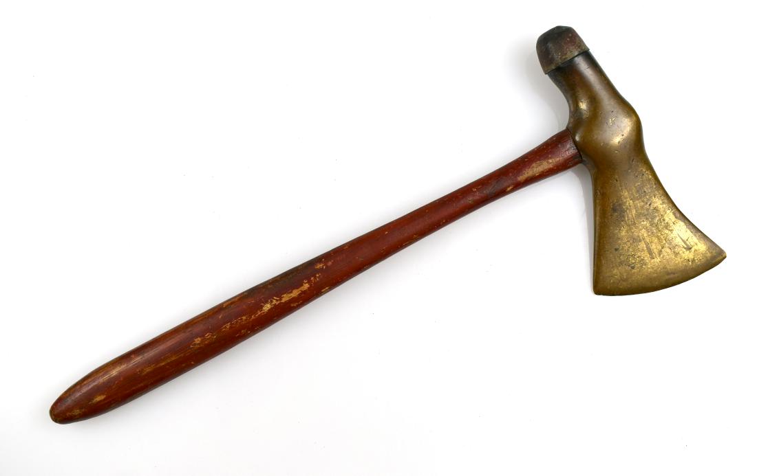 Order of the Redmen Axe: Brass hatchet with rubber mallet end. Engraved with 'T.O.T.E.' for their 'Trail Of The Eagle'.