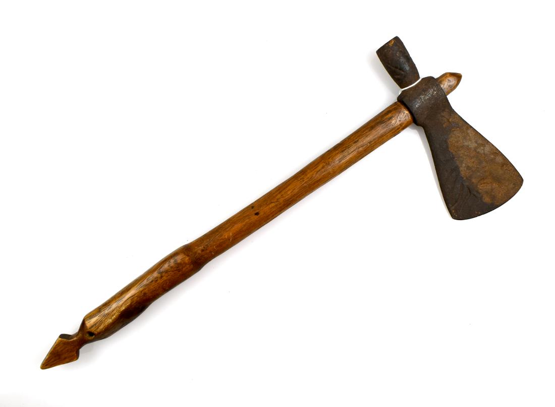 18-1/2" Decorative Pipe-Axe Tomahawk: New handle on a modern cast iron head with embossed bear, Native American with headdress, and other symbols. Decorative Tourist Trade example.