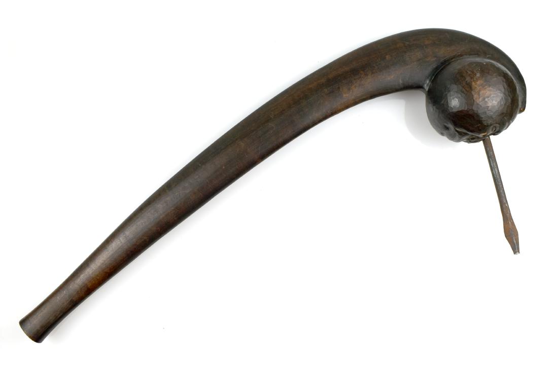 21-1/2" Spiked Ball Club w/ Face *Decorative: Nicely made ball end club with metal spike. Carved human face example. Post War example probably made for the Tourist Trade. *Decorative only