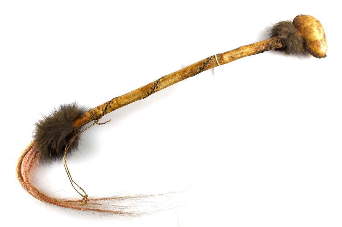 26" Decorative Plains War Club: Rawhide wrapped handle and head with fur wrapping and horsehair drop Post WW2 Tourist Trade item. Decorative Only.