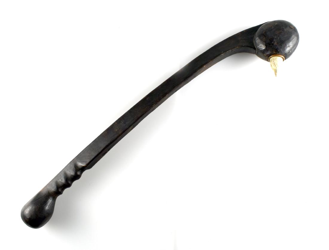 27" Decorative Ball Club with Spike: Tourist trade example with inset Antler 'spike' in copper pipe. Appears to be walnut. Decorative only post-WW2 item.