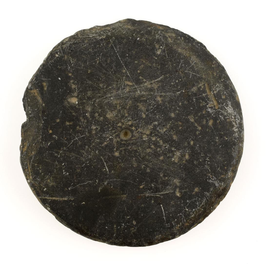 4-1/2" Slate Disc: Pot-cover or preform item from Franklin Co., Kentucky. Ex Sandra Barnett Collection.