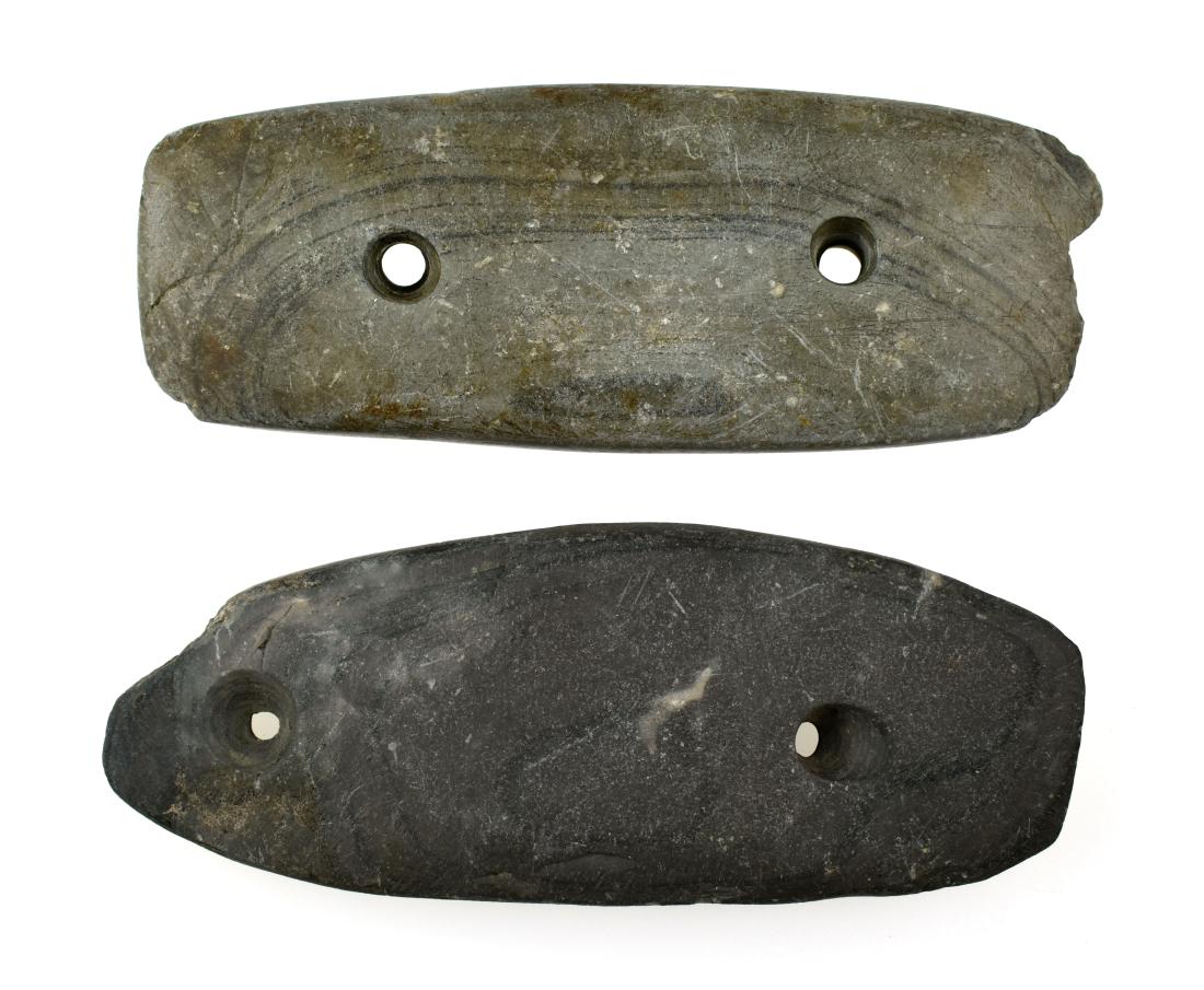 Pair of Slate Gorgets: Both approx. 4" long examples from the Dr. Paul Park collection. Green and blue-gray slate materials.
