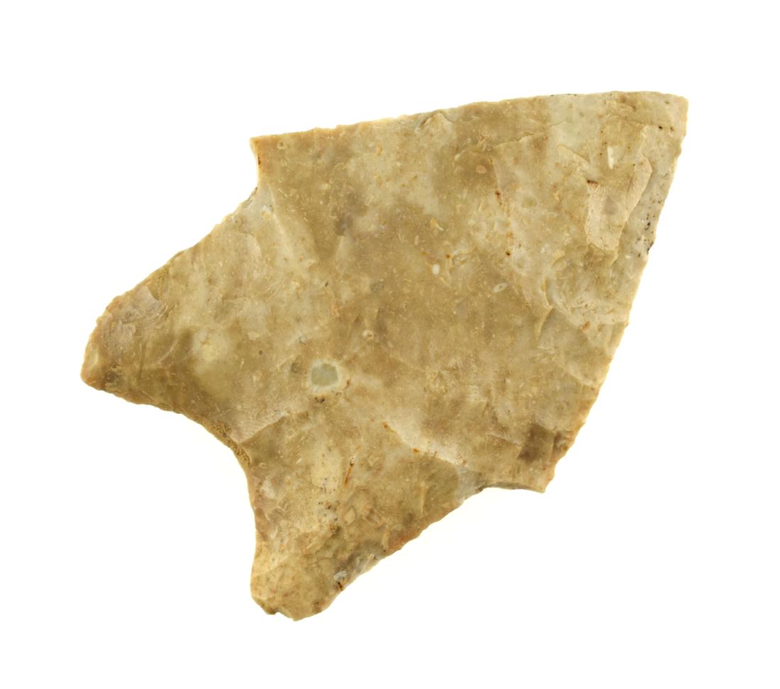2" Johnson: Nice piece in mottled cream and tan flint from Crawford Co., Arkansas. Formerly of the William Hughes and Mynning Collections.