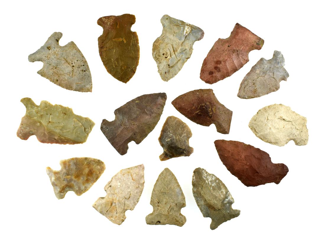 15 Kentucky Big Sandy points: Assortment of materials all found by Sandra Barnett in the 1990's in Woodford and Harrison Counties.