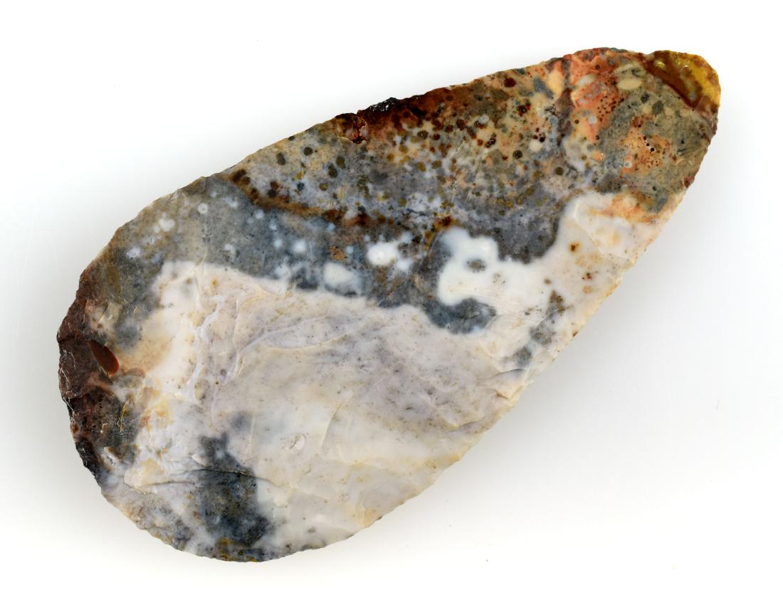 4-7/16" Adena Blade - Partain COA: Superbly colorful example reported from Medina Co., Ohio. Partain COA. Ex - Todd Harding Collection. Ex Colorado Estate Collection.
