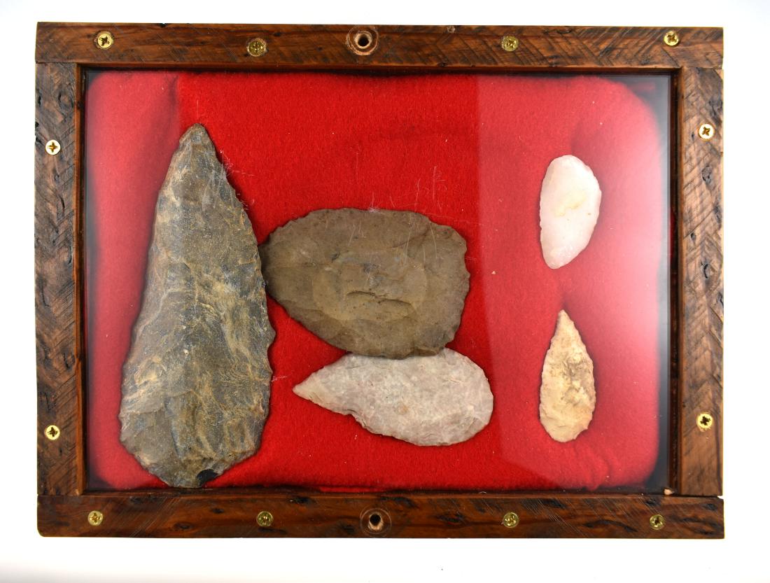 Display of Large Blades: 9x12 Wood display of 5 Blades - largest measures 6-5/8". Variety of materials and likely Origins. Most appear to be western. From a Colorado estate.