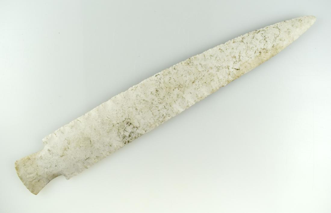 15-1/4" Gray Ghost 'Sword': FIFTEEN INCHER! We've seen hundreds of this type of reproduction but this is the biggest one in several years. Whitish flint, perhaps toilet porcelain. As-is.