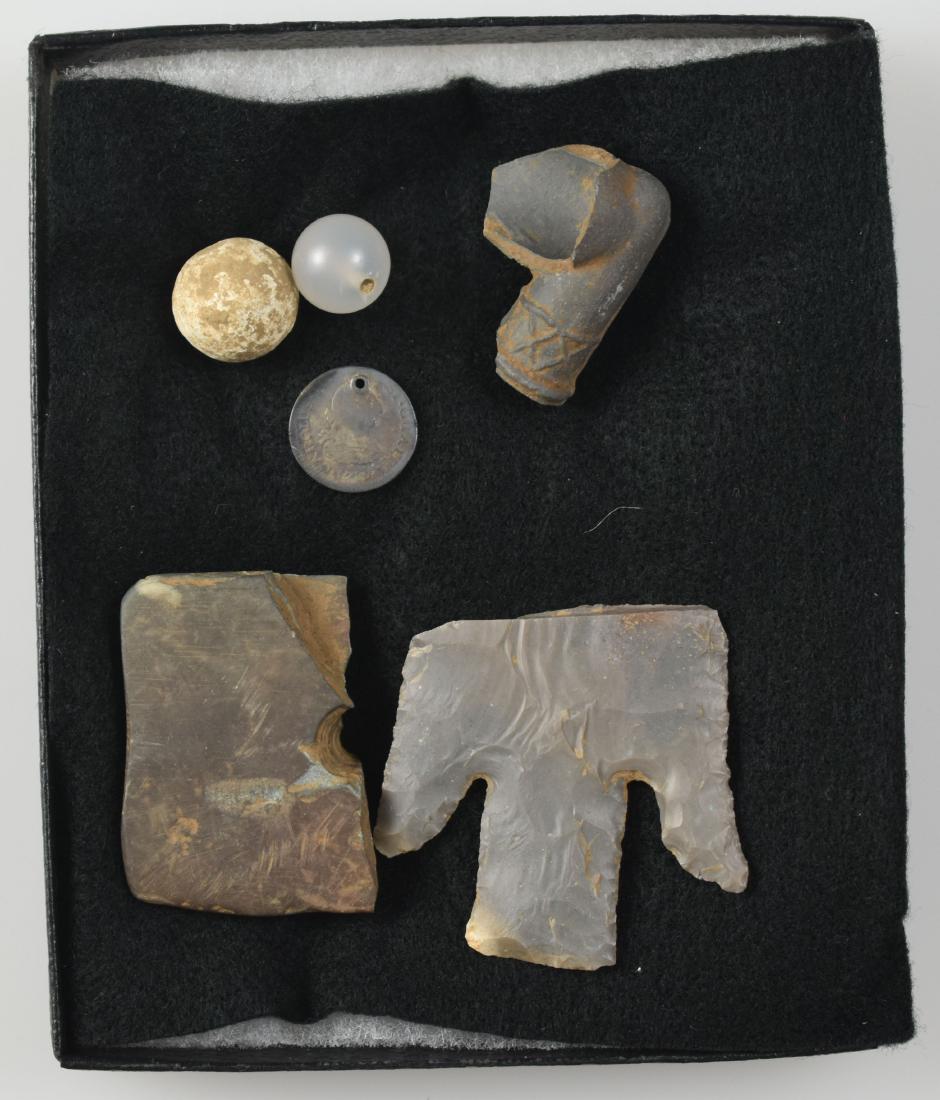 Assortment of KY Artifacts: Including a 1789 Spanish Reale coin drilled for wearing found in Harrison Co., Kentucky. All artifacts found by Sandra Barnett in Central Kentucky. Nice grouping.