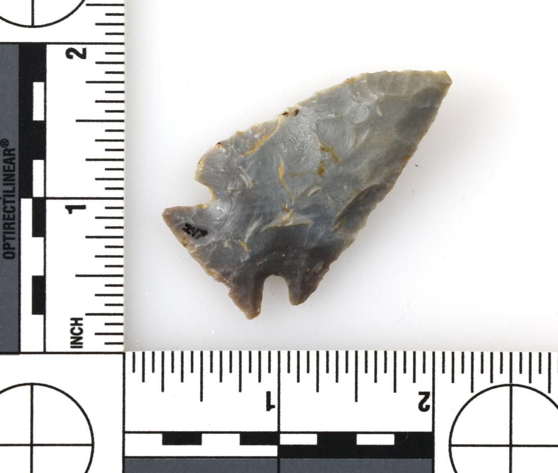 2-1/16" Kirk Corner Notched: Nice Sonora Flint example with purple and blue-cream banding from Kentucky.