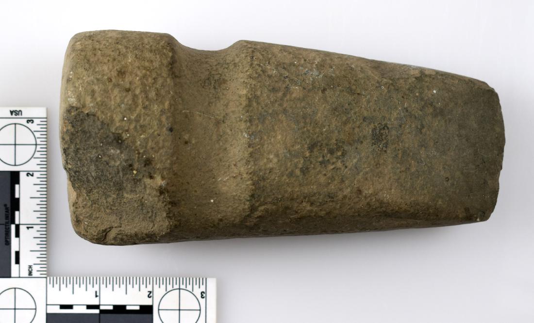 7-3/4" Hohokam 3/4 Groove Axe: Nice green diorite example from Southern Arizona.