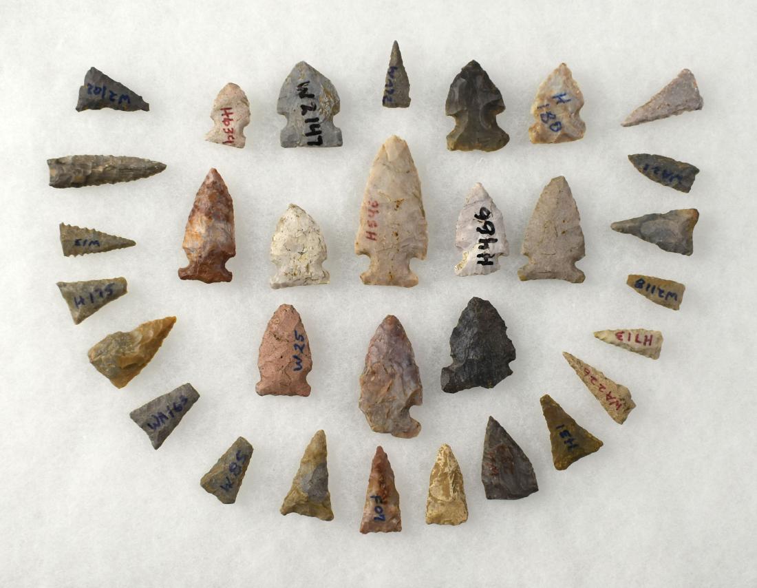 Lot of Central Kentucky Arrowheads: All found by Sandra Barnett in Woodford, Fayette, Scott, and Harrison Counties. Variety of types and materials.