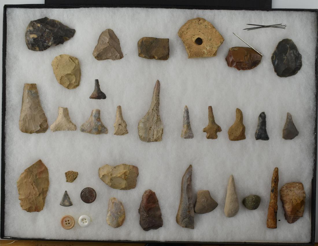 Lot of Central Kentucky Artifacts and Drills: All found by Sandra Barnett in Woodford, Fayette, Scott, and Harrison Counties. Variety of types and materials.