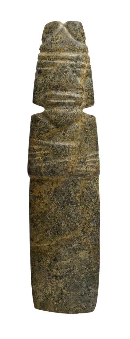 Large 5" Costa Rican Axe God - Puttera COA: Pre-Columbian. Costa Rica. A.D. 1-500. Superbly executed example. Great form, size, and color. Expressive deity with folded arms, wide mouth, and headgear (or horns). Darker green Jade with lots