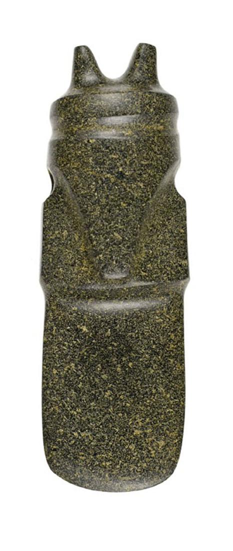 4 3/8" Jade Axe God: Pre-Columbian. Costa Rica, A.D. 1-500. Horned Avian duckbill form. Ex- Dr. Sirkin and Jim Cross Collections. Weighs 121 grams.