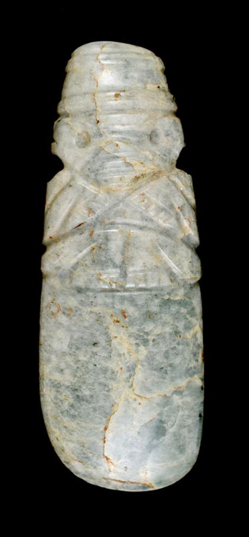 Pretty 3 13/16" Jade Axe God: Pre-Columbian. Costa Rica, A.D. 1-500. Nice translucency. Ex- Dr. Sirkin and Jim Cross Collections. Weighs 60 grams.