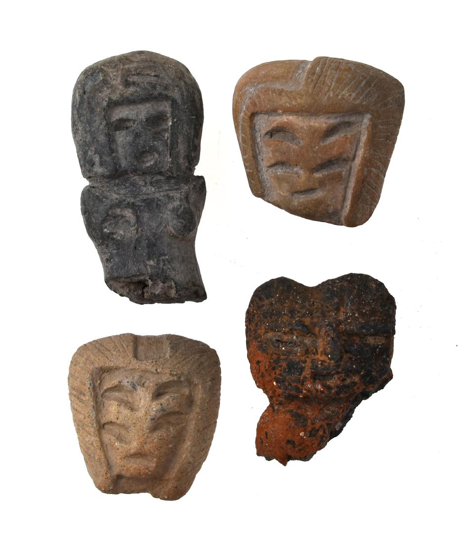 4 Very Rare Valdivian Cephalomorphic Venus Fragments: Pre-Columbian. Valdivia Culture. Ecuador. ca. B.C. 3500-1200. One with half torso and breasts. Terracotta. Biggest measures 1 9/16". Ex- Finello Collection.