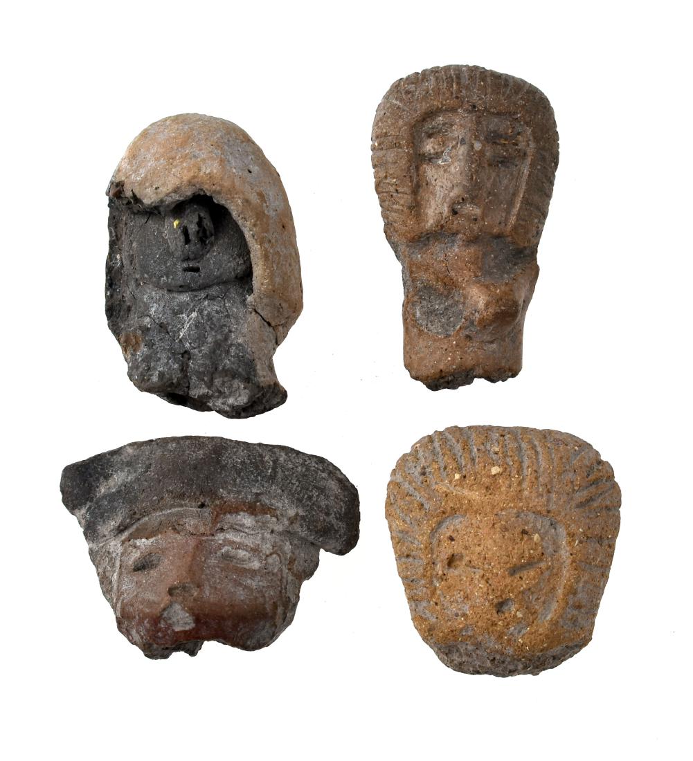 4 Very Rare Valdivian Cephalomorphic Venus Fragments: Pre-Columbian. Valdivia Culture. Ecuador. ca. B.C. 3500-1200. One with helmut and one with half torso and breasts. Terracotta. Biggest measures 1 1/2". Ex- Finello Collection.