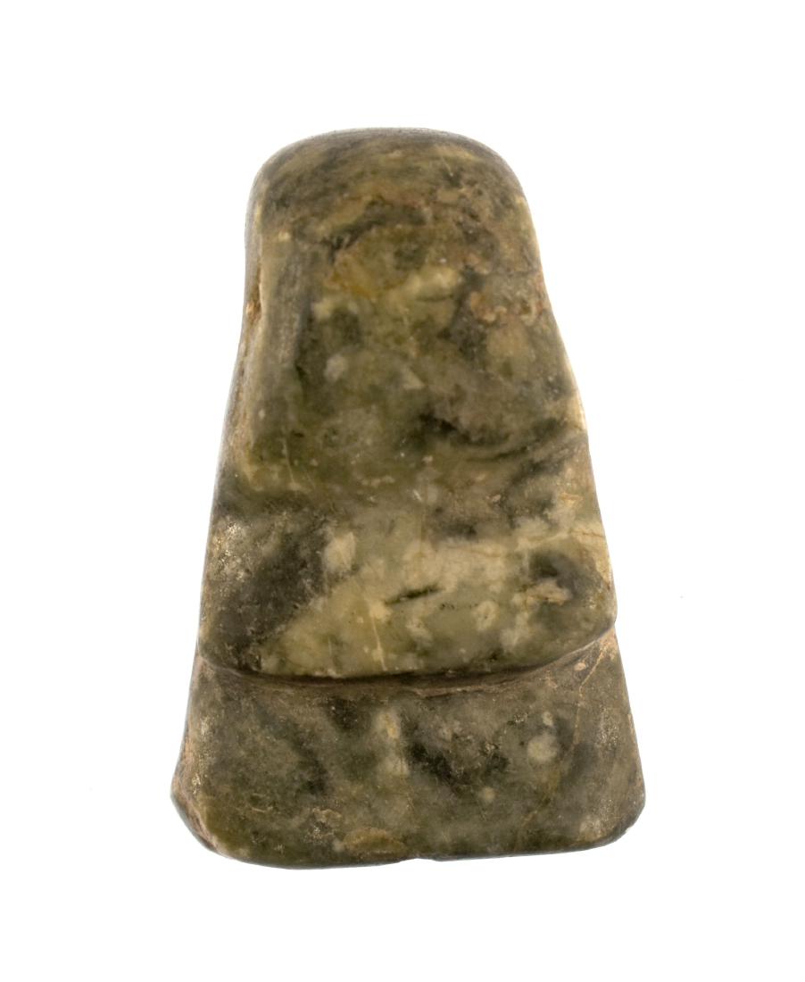 Extra Fine 1 1/2" Mayan Jade Pendant: Pre-Columbian. Mayan Territories, Classic Period. ca. A.D. 250-900. Highly polished high quality green Jade. Anciently salvaged from a classic duckbill form. Drilled for suspension. Weighs 21 grams.