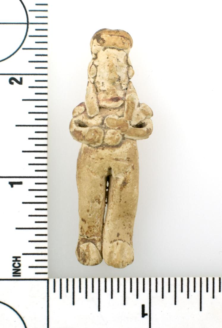 Outstanding Miniature Pre-Columbian Pretty Lady: Natural buff terracotta hand sculpted Michoacan, Mexico, Pretty Lady terracotta figurine holding a baby. Awesome detail. Circa 250 B.C. Measures 2 5/16" tall. Perfect condition. Ex- Finello Colle