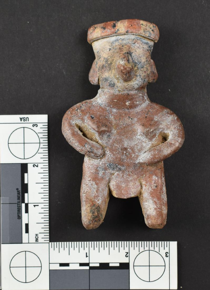 5-1/8" Nayarit Pottery Figurine - Bennett COA: Polychrome example from Mexico. Ex Miller Collection. Great mineralization. Bennett COA.