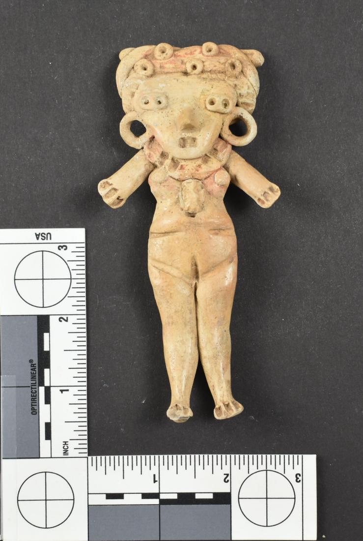 5-3/16" PreColumbian Figural - Bennett COA: Minor restoration to one arm present. Reported from West Mexico. Polychrome. Bennett COA