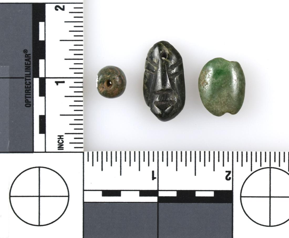 3 Jade PreColumbian Zapotec Beads: One Face effigy Bead and two regular beads collected in 1950 by Bill Jordan at Monte Alban. Authenticated by John Batkin at Colorado Springs Fine Arts. Nice!