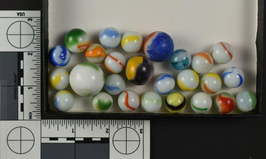 Lot of Vintage Marbles: Most appear to be of the 'Akro' tri-color type. Two main sizes present. Vintage!