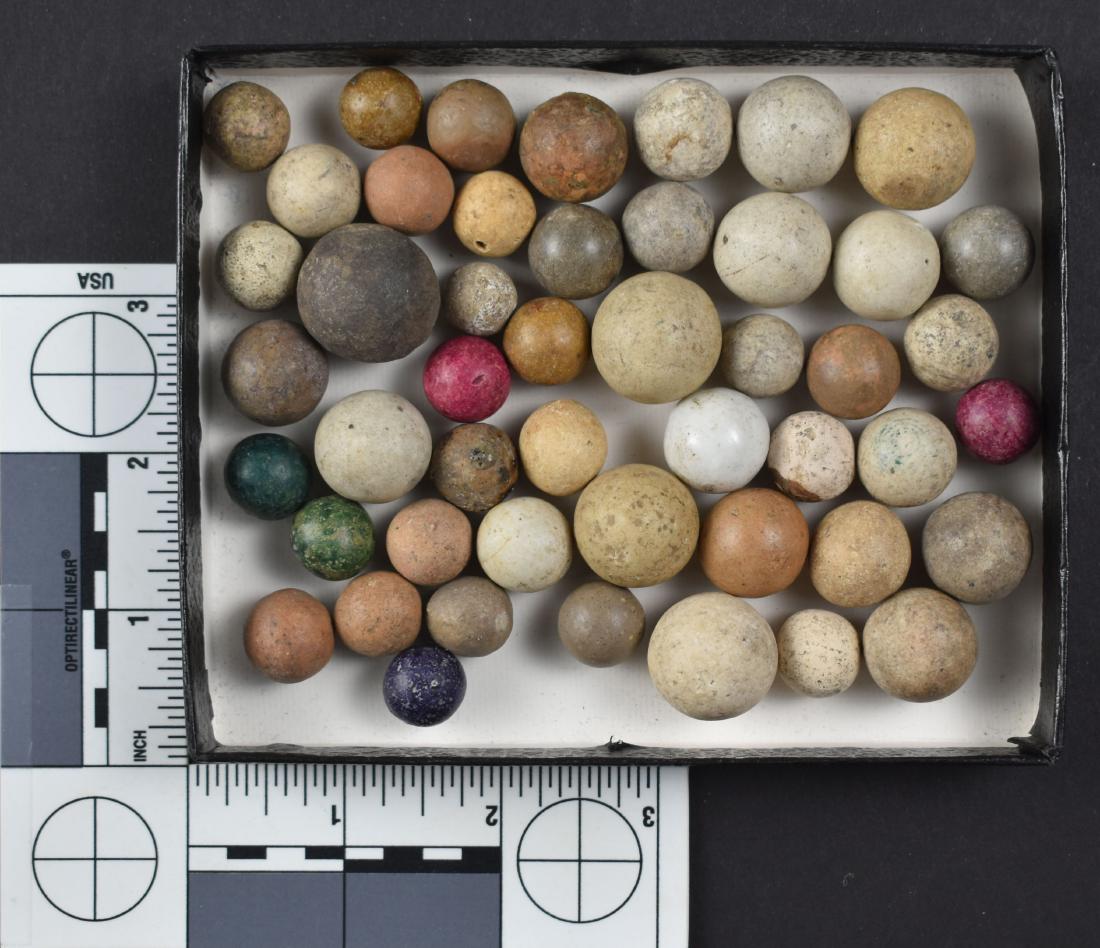 Lot of Vintage China/Clay marbles: Variety of sizes and types including a few painted 'China' type with lines. Many are worn.